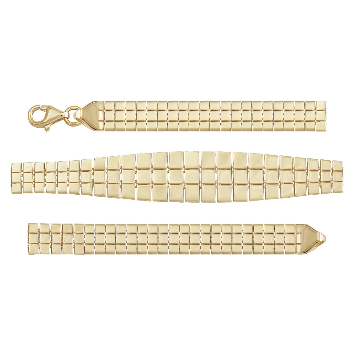 Solid gold brick link bracelet, 6.15 g — shown in three rows across the frame.