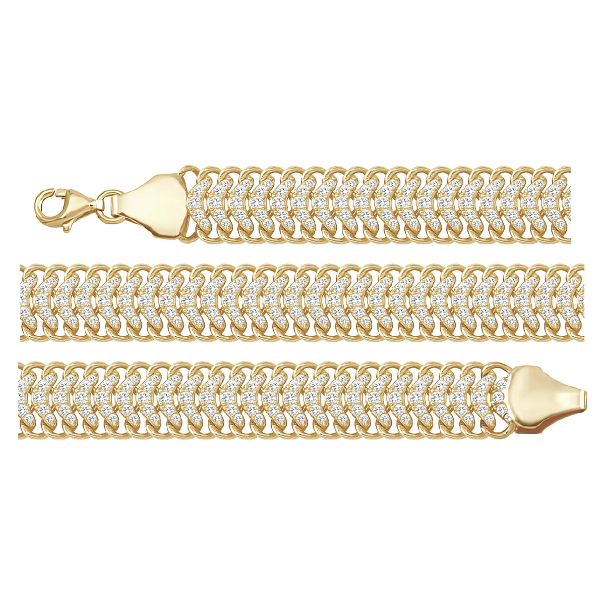Solid gold herringbone bracelet, 16.00 g — shown in three rows across the frame.