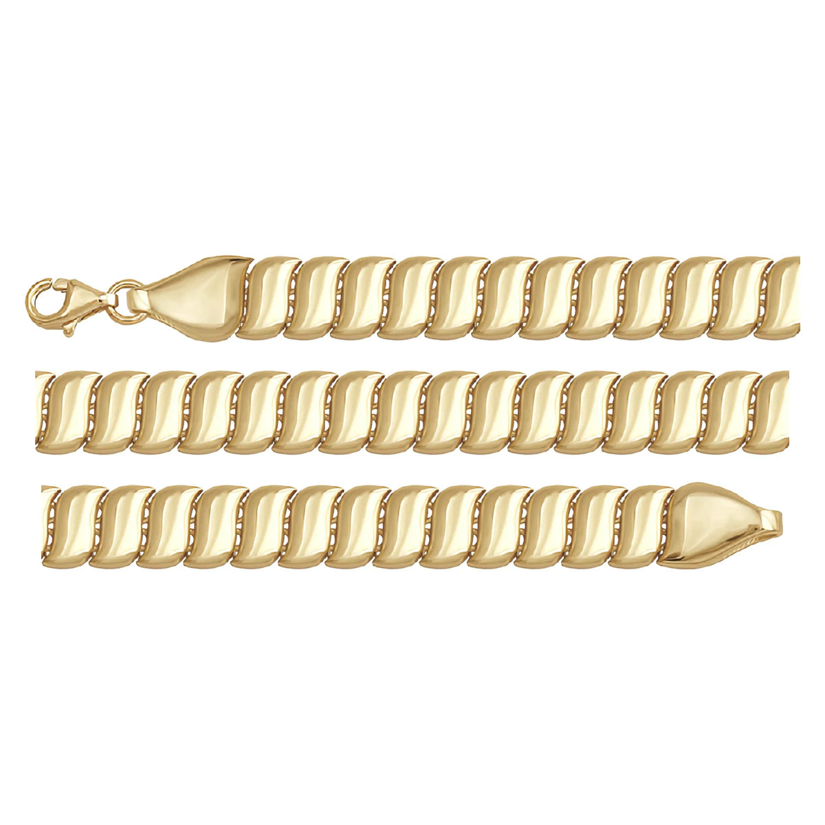 Solid gold braided bracelet, 10.75 g — shown in three rows across the frame.