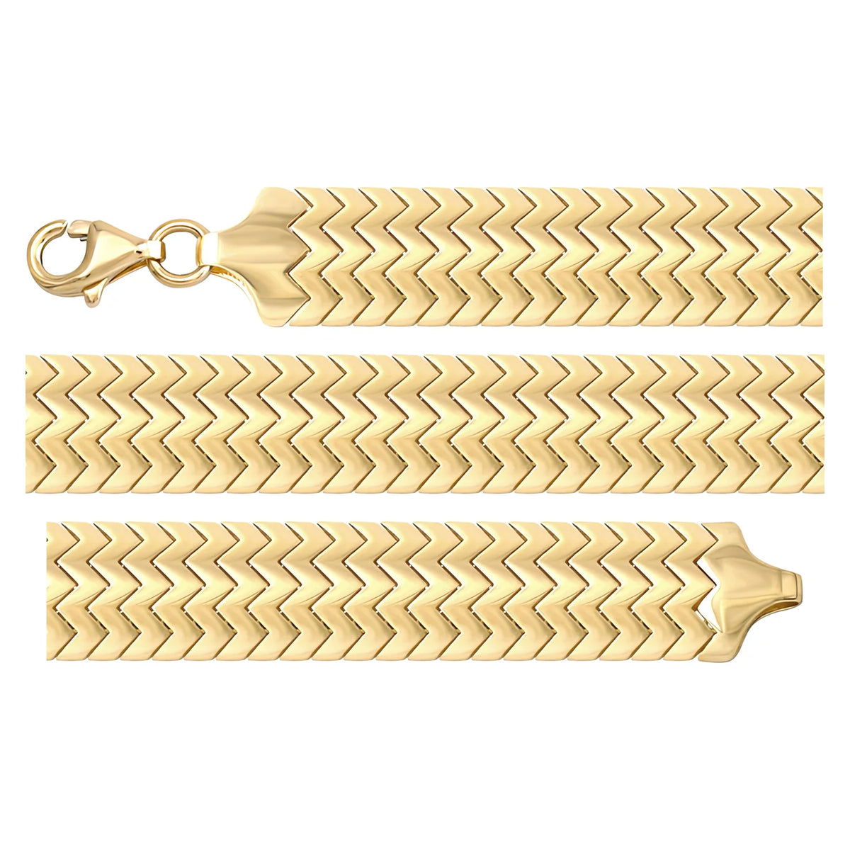 Solid gold herringbone bracelet, 15.95 g — shown in three rows across the frame.
