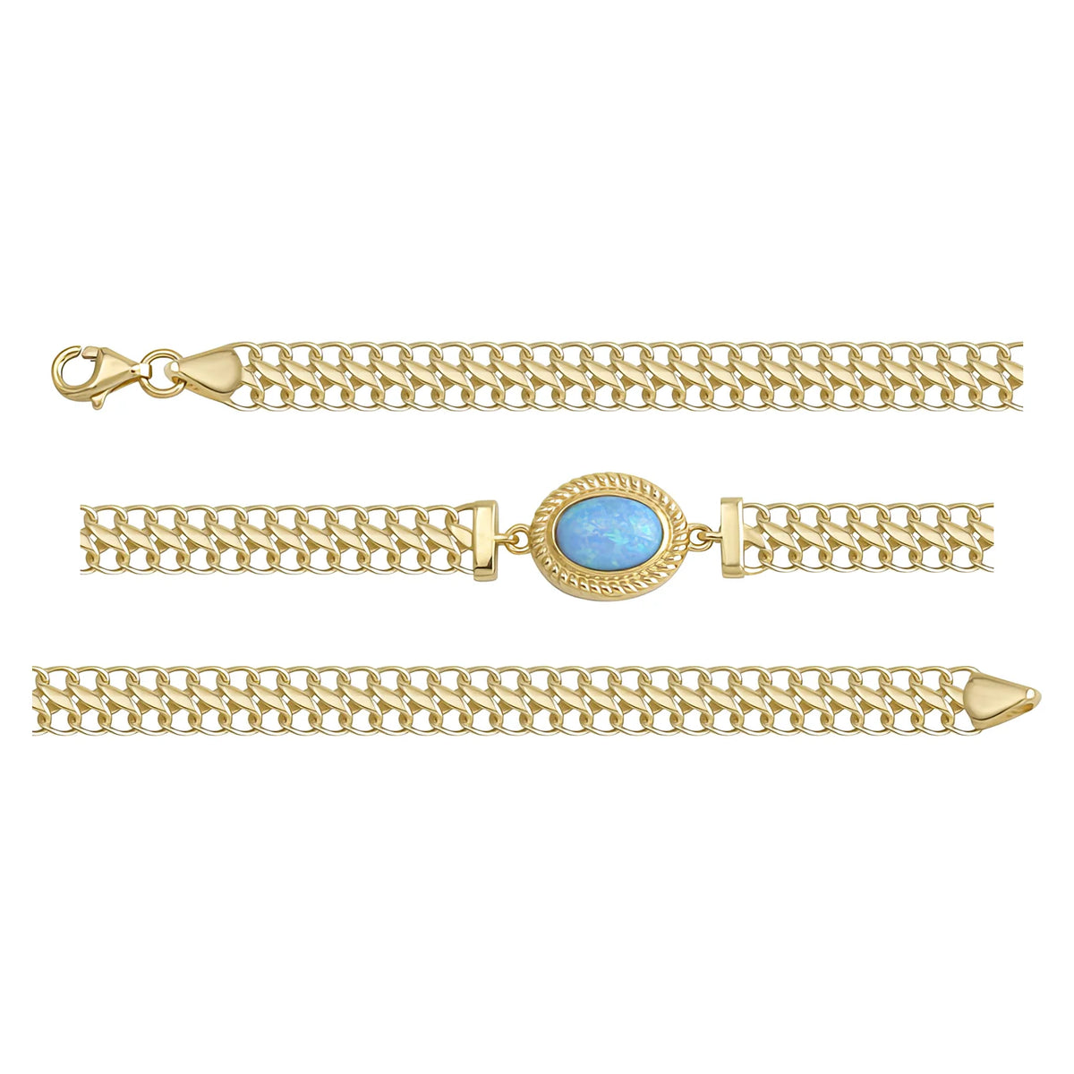 Solid gold curb bracelet, 4.15 g — shown in three rows across the frame.