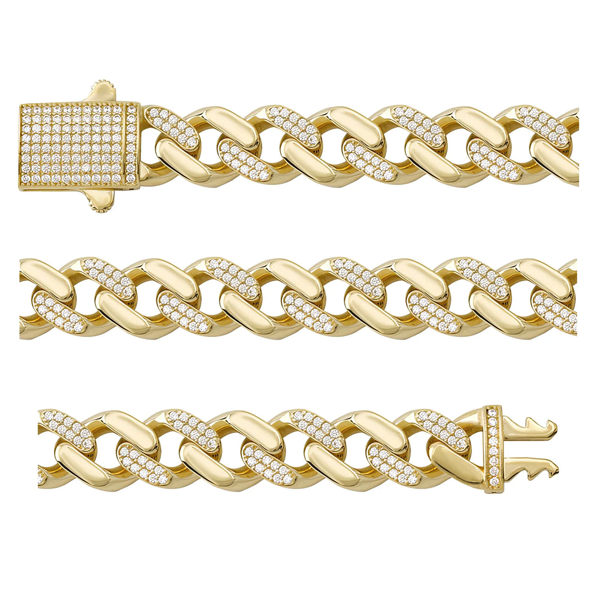 Solid gold curb bracelet, 14.20 g — shown in three rows across the frame.