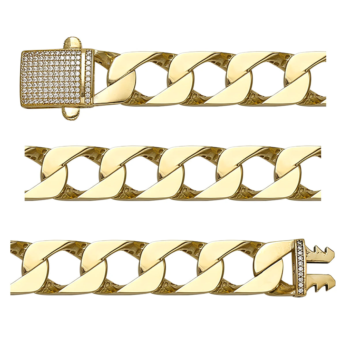 Solid gold curb bracelet, 28.60 g — shown in three rows across the frame.