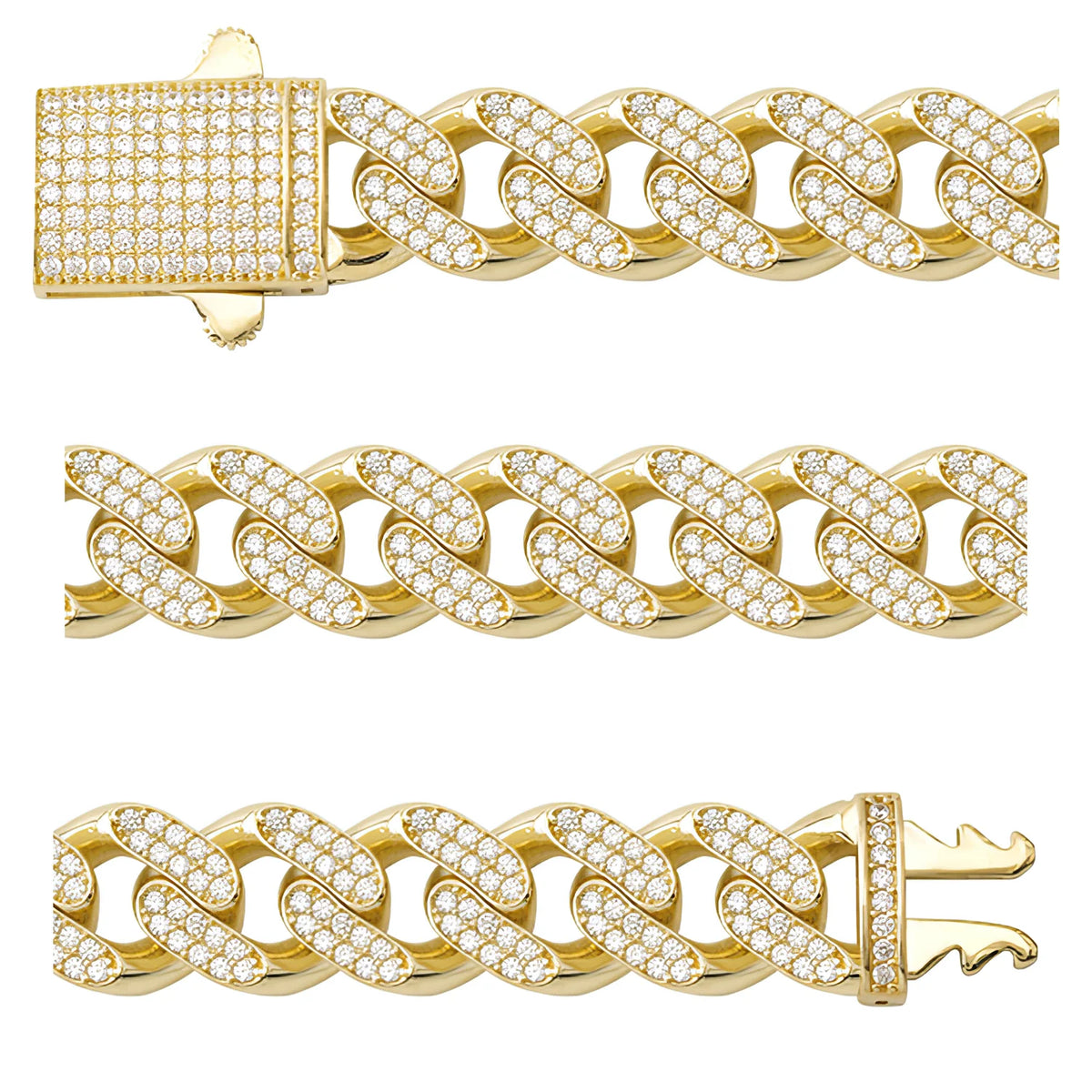 Solid gold curb bracelet, 31.30 g — shown in three rows across the frame.