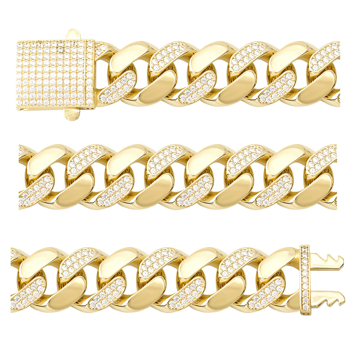 Solid gold curb bracelet, 32.20 g — shown in three rows across the frame.