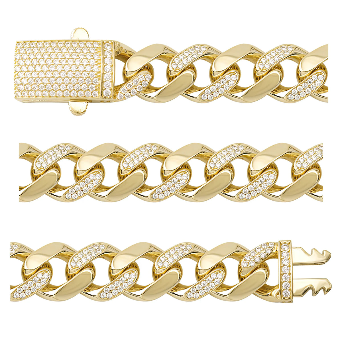 Solid gold curb bracelet, 21.70 g — shown in three rows across the frame.