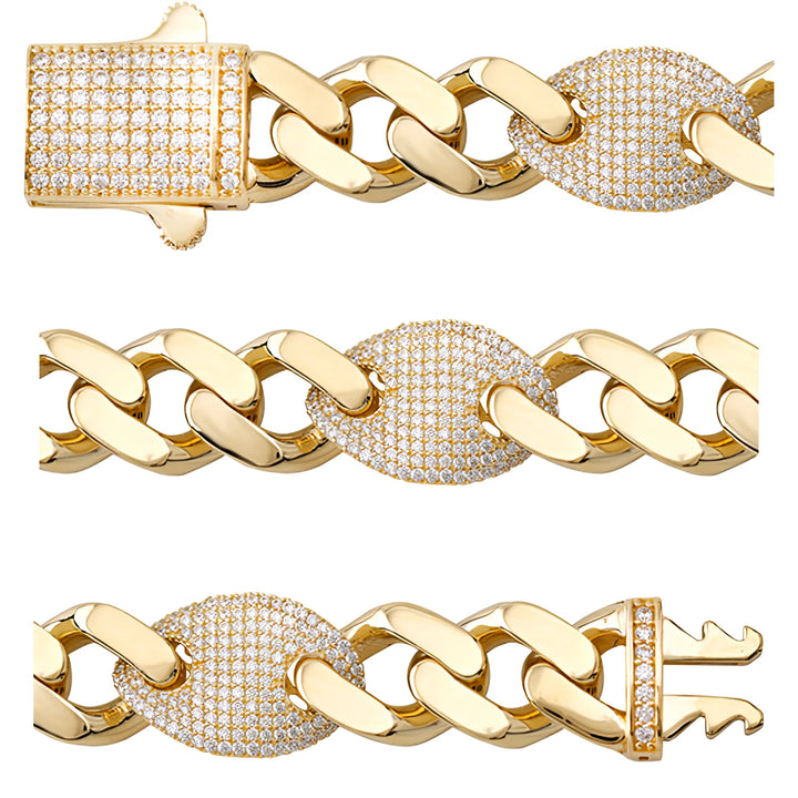 Solid gold curb bracelet, 30.05 g — shown in three rows across the frame.