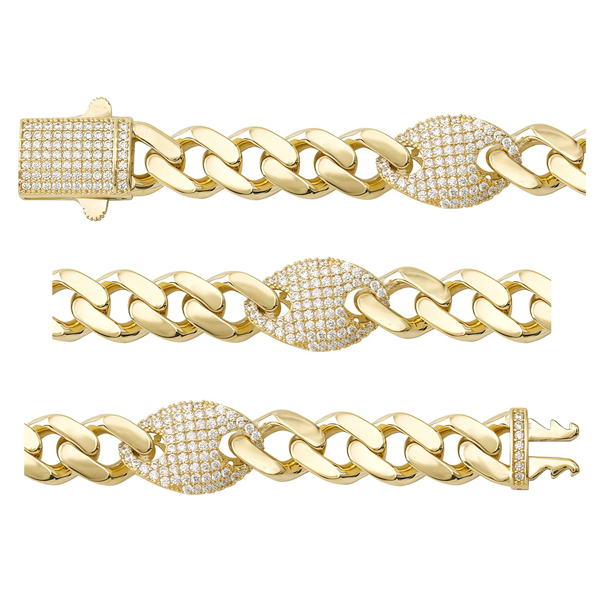 Solid gold curb bracelet, 15.90 g — shown in three rows across the frame.