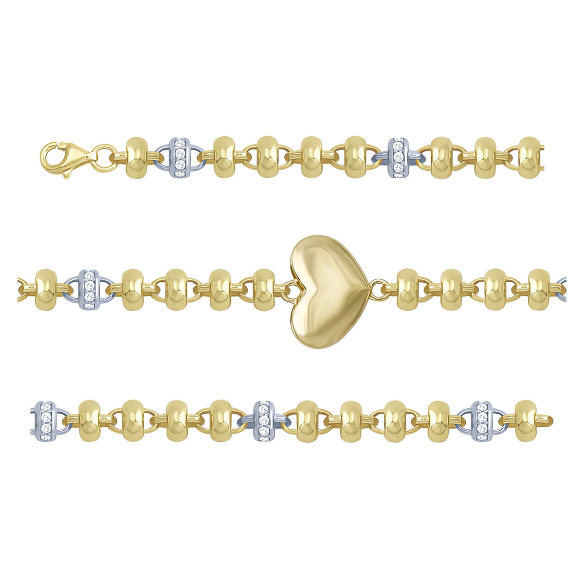 Solid gold fancy link bracelet, 6.30 g — shown in three rows across the frame.