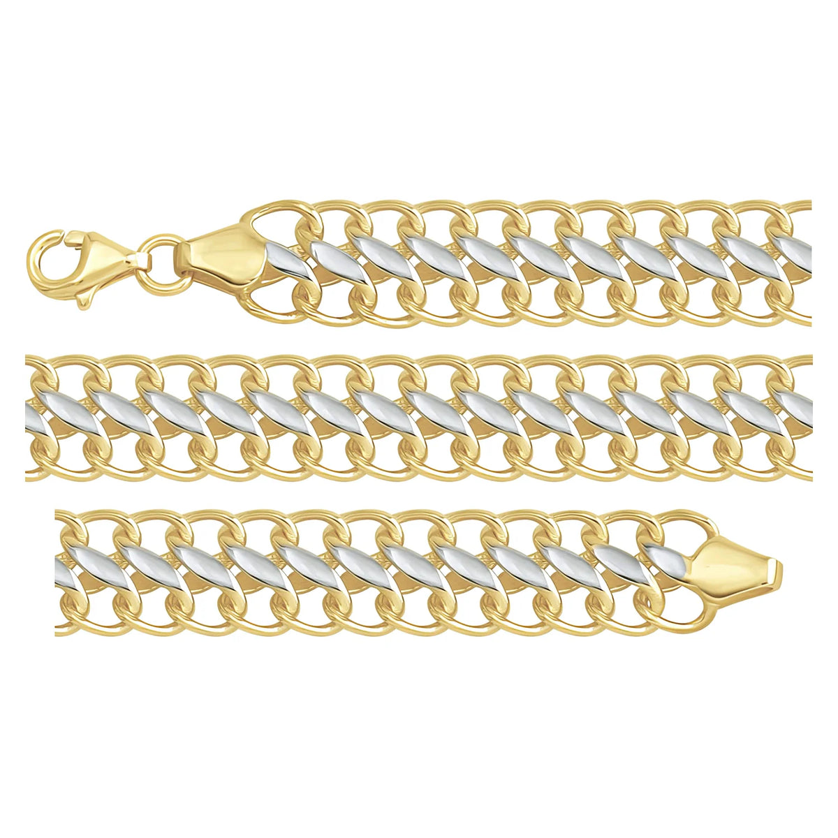 Solid gold curb bracelet, 17.60 g — shown in three rows across the frame.