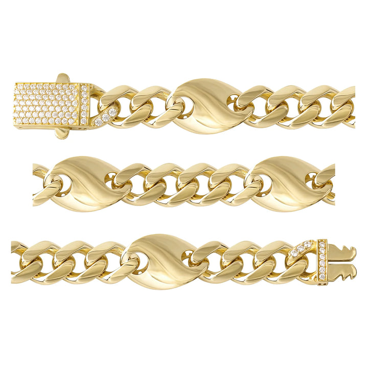 Solid gold curb bracelet, 12.75 g — shown in three rows across the frame.
