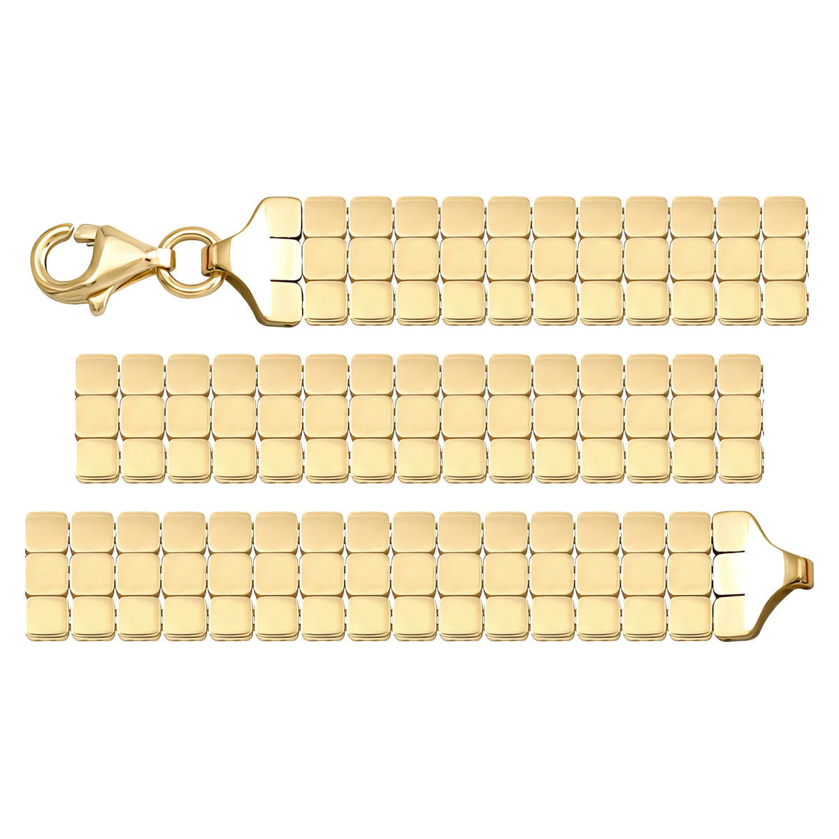 Solid gold brick link bracelet, 13.70 g — shown in three rows across the frame.