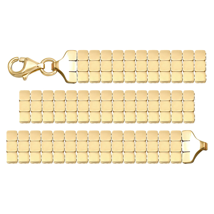 Solid gold brick link bracelet, 13.70 g — shown in three rows across the frame.
