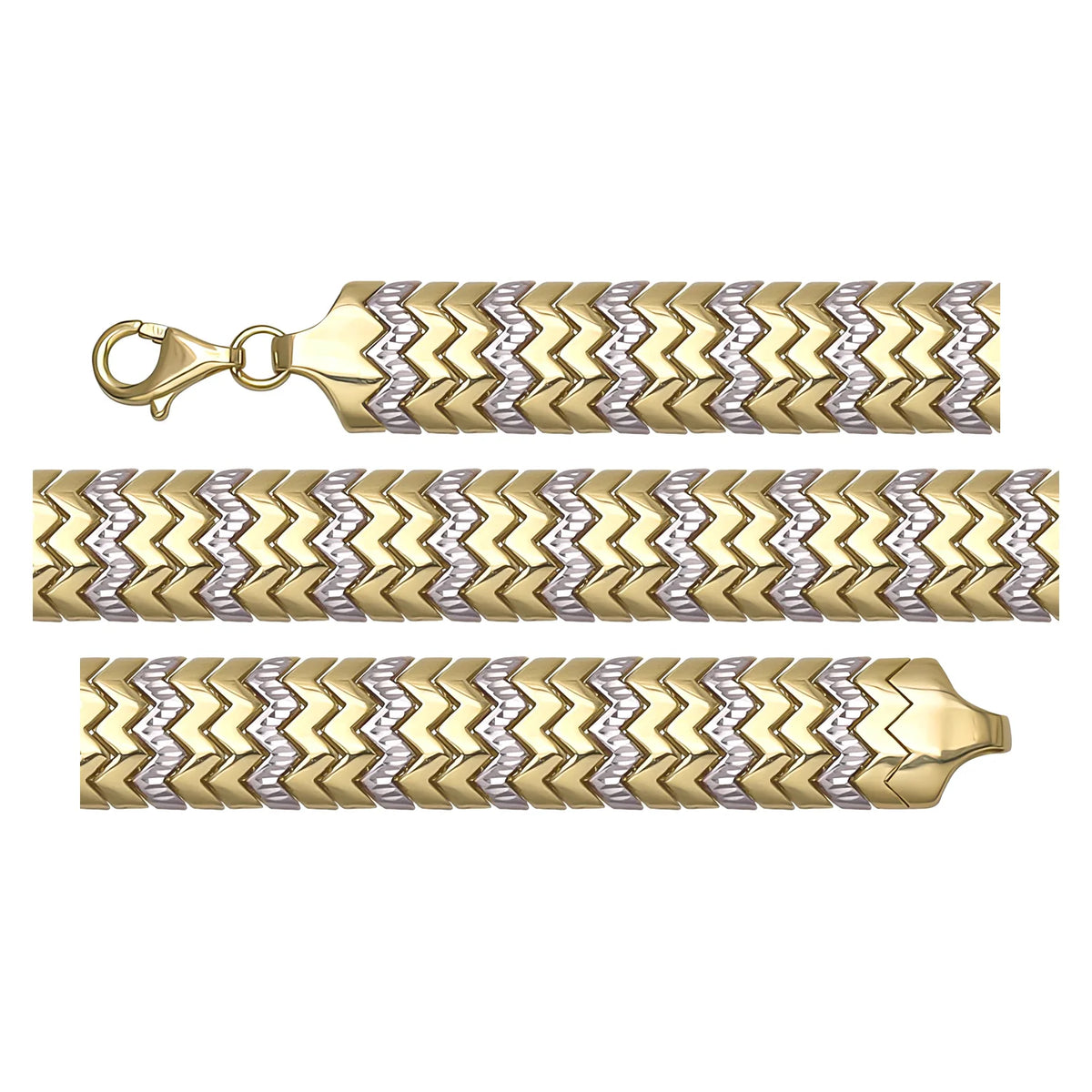 Solid gold herringbone bracelet, 15.35 g — shown in three rows across the frame.