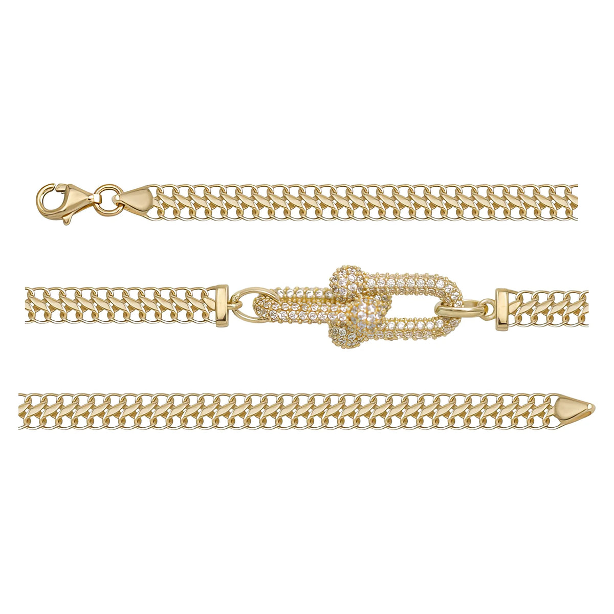 Solid gold fancy link bracelet, 6.88 g — shown in three rows across the frame.