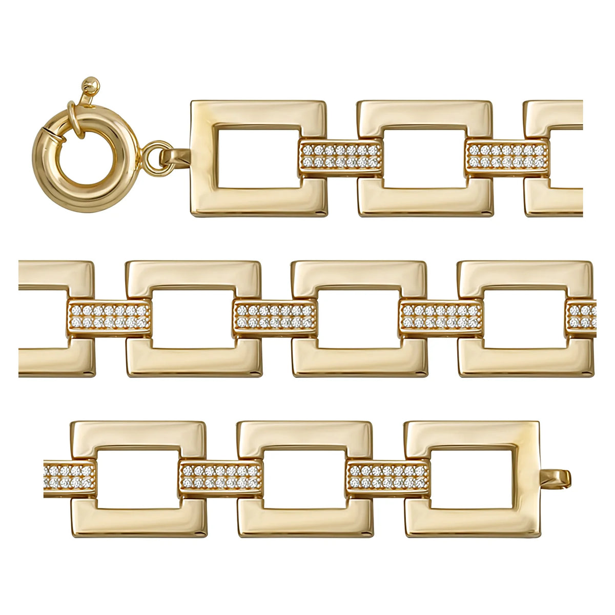 Solid gold fancy link bracelet, 19.50 g — shown in three rows across the frame.