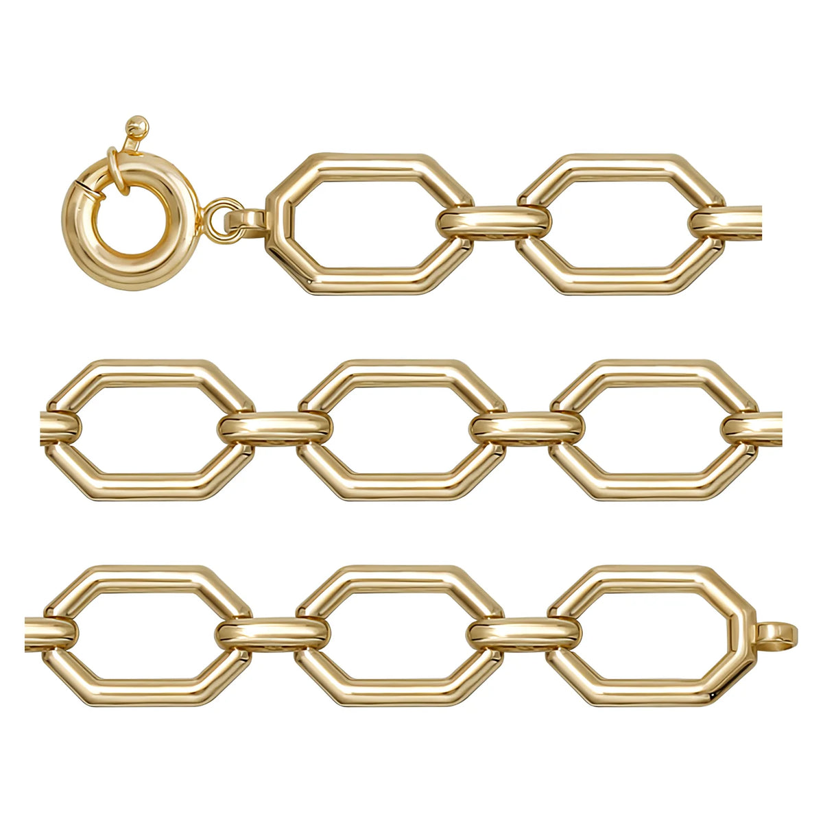 Solid gold fancy link bracelet, 9.45 g — shown in three rows across the frame.