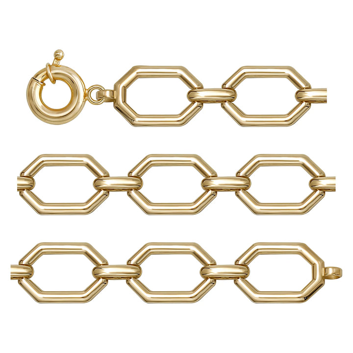 Solid gold fancy link bracelet, 9.45 g — shown in three rows across the frame.