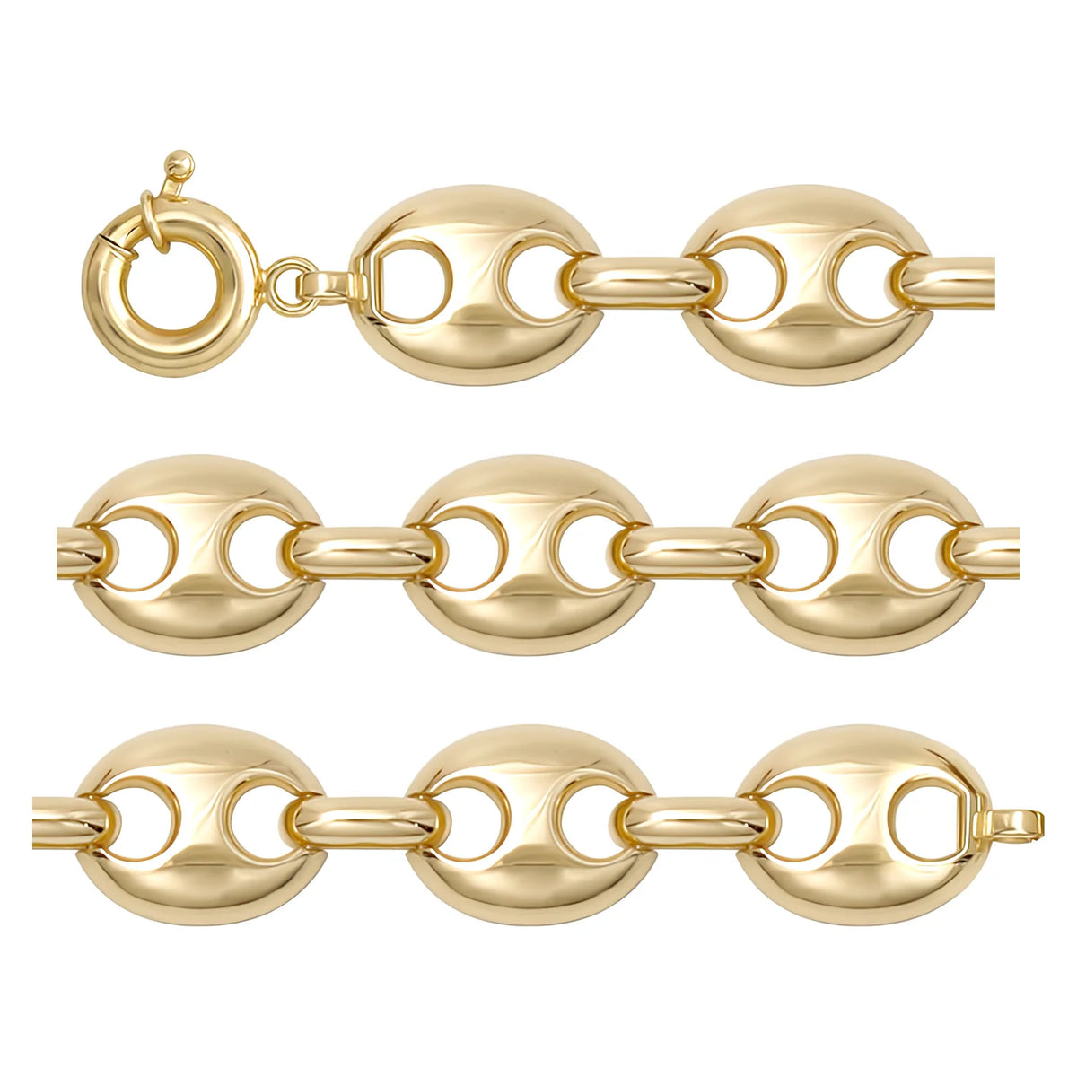 Solid gold mariner bracelet, 13.65 g — shown in three rows across the frame.