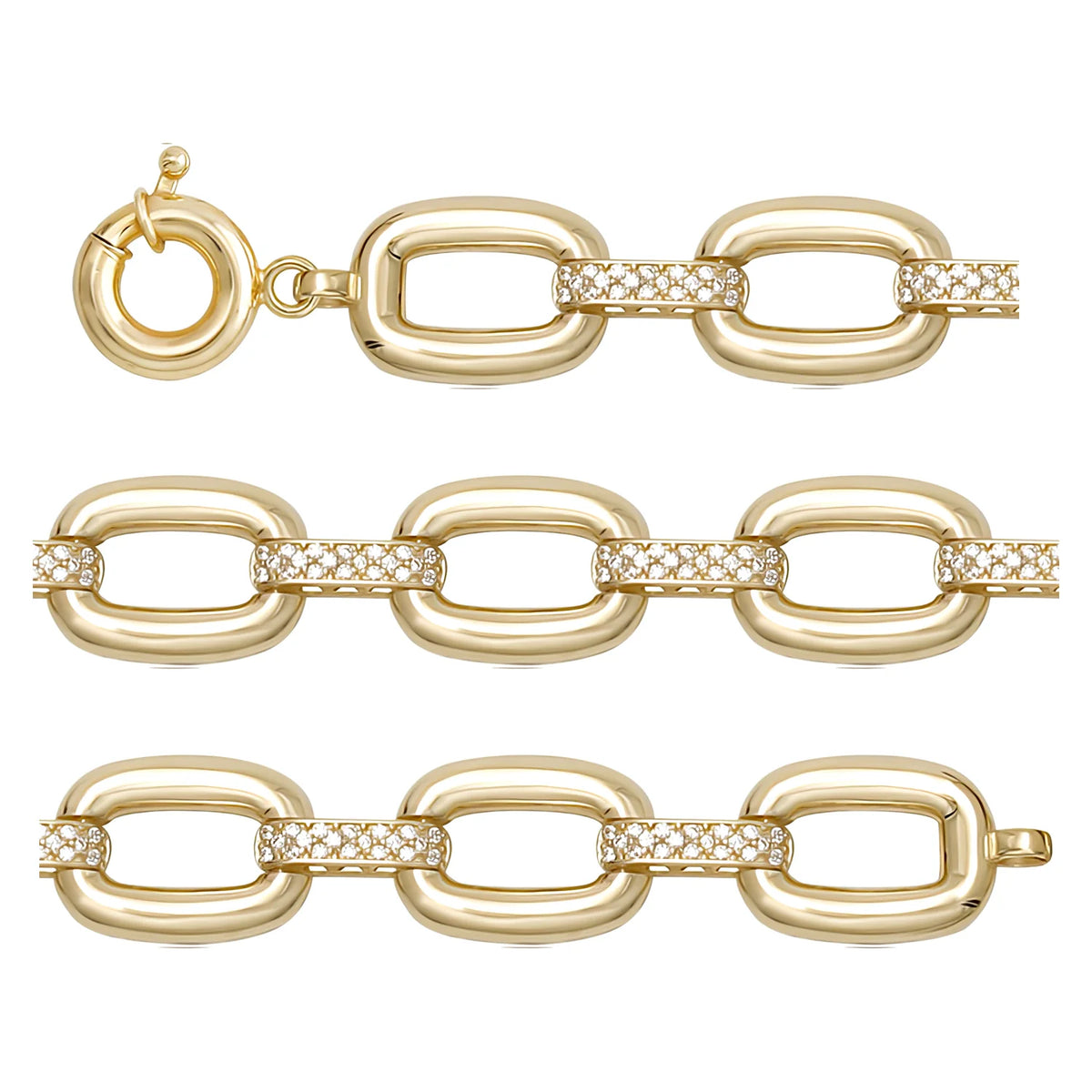 Solid gold fancy link bracelet, 13.20 g — shown in three rows across the frame.
