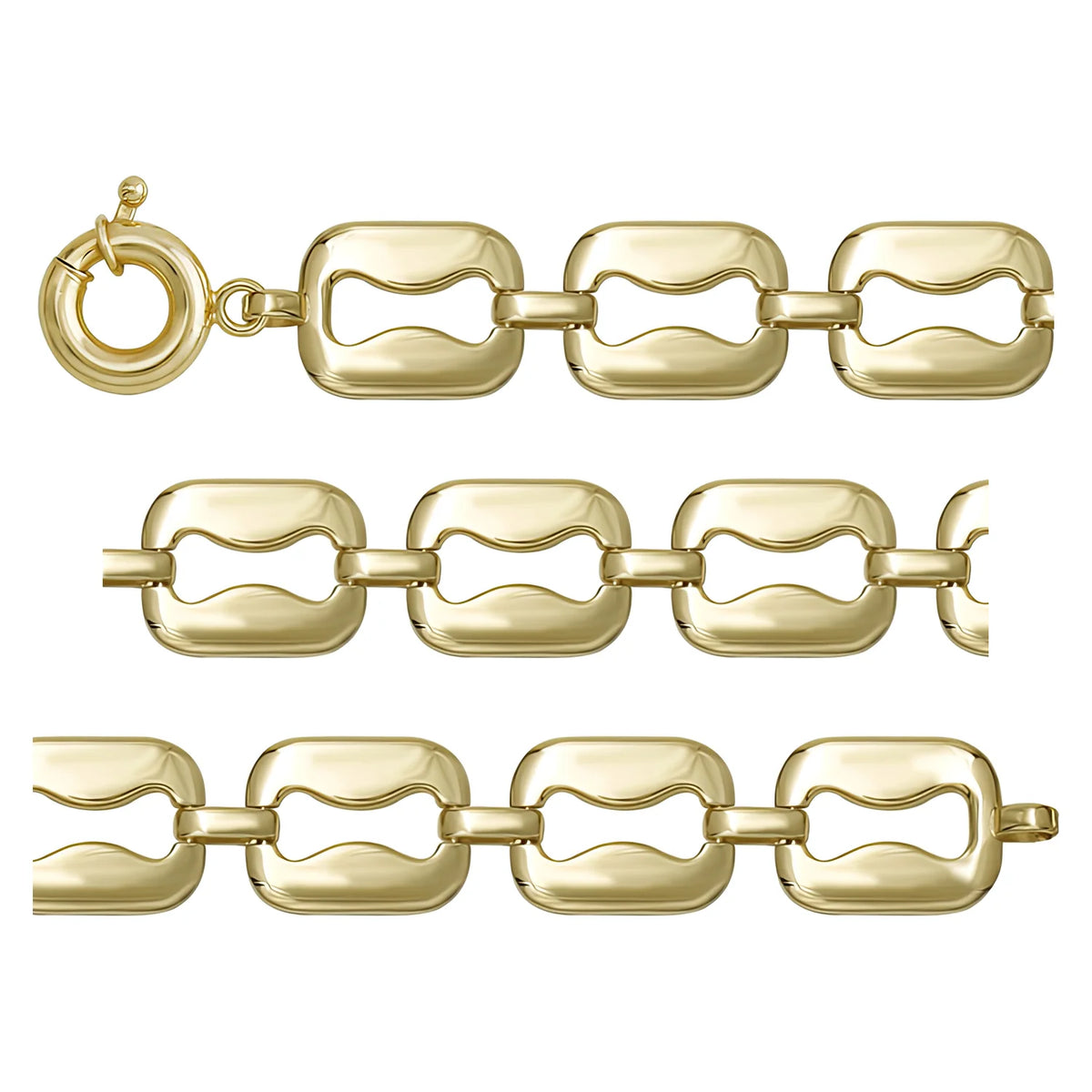 Solid gold fancy link bracelet, 12.57 g — shown in three rows across the frame.
