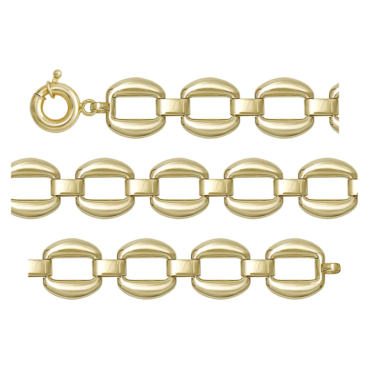 Solid gold fancy link bracelet, 12.30 g — shown in three rows across the frame.