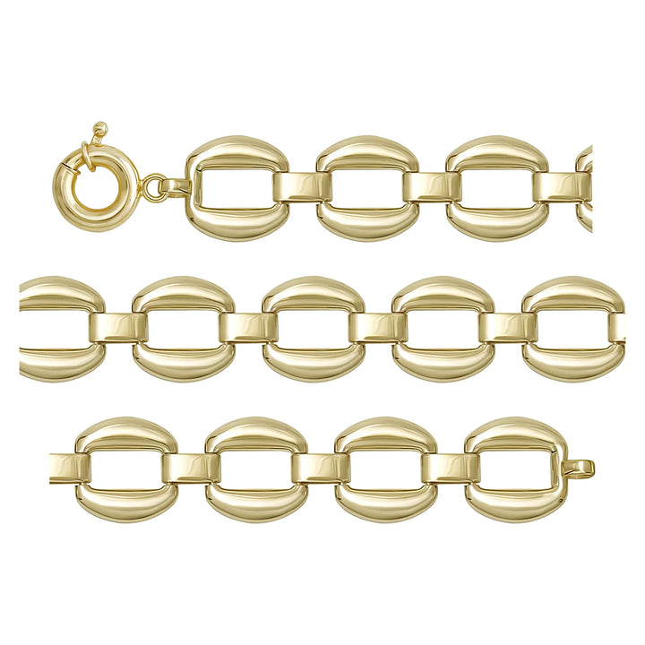 Solid gold fancy link bracelet, 12.30 g — shown in three rows across the frame.