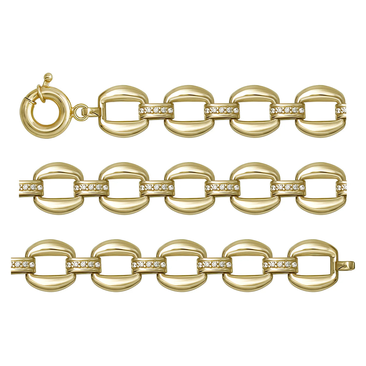 Solid gold fancy link bracelet, 11.03 g — shown in three rows across the frame.