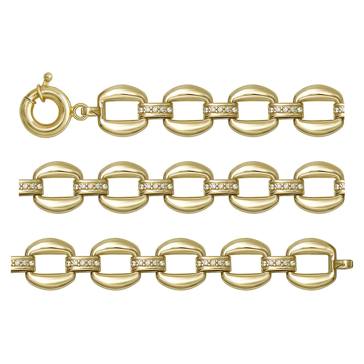 Solid gold fancy link bracelet, 11.03 g — shown in three rows across the frame.