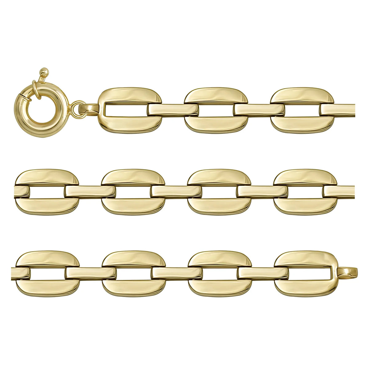 Solid gold fancy link bracelet, 10.08 g — shown in three rows across the frame.