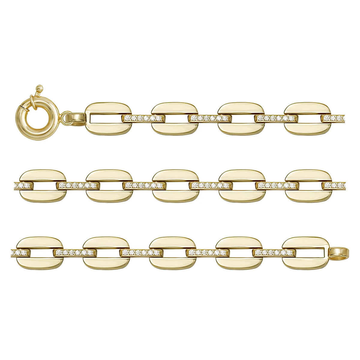 Solid gold fancy link bracelet, 9.65 g — shown in three rows across the frame.