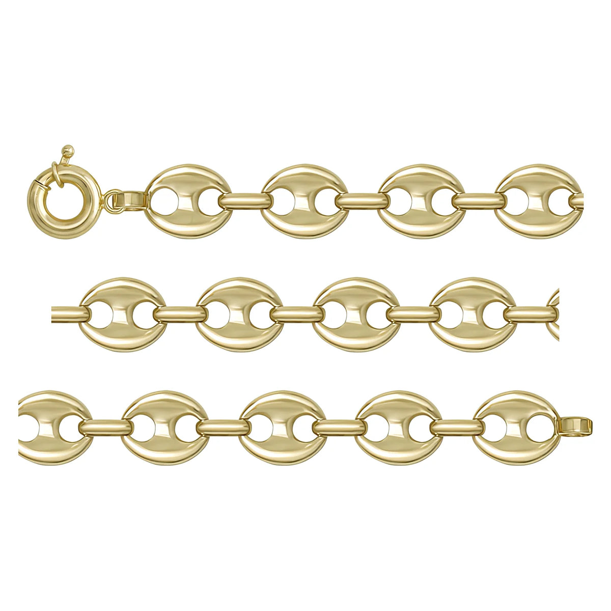 Solid gold mariner bracelet, 6.99 g — shown in three rows across the frame.
