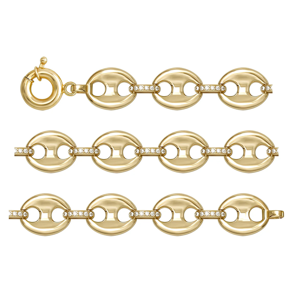 Solid gold mariner bracelet, 9.88 g — shown in three rows across the frame.