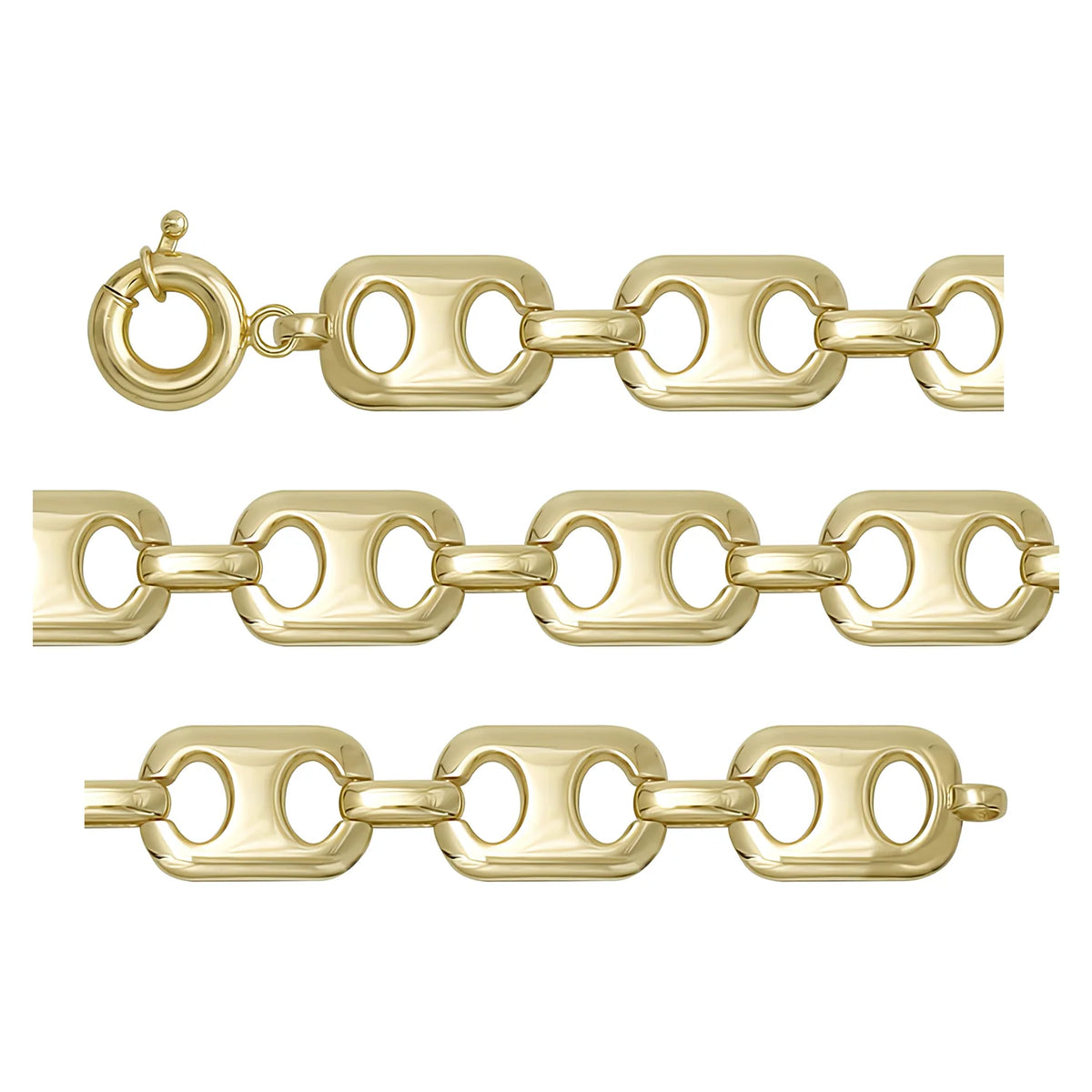 Solid gold mariner bracelet, 10.13 g — shown in three rows across the frame.