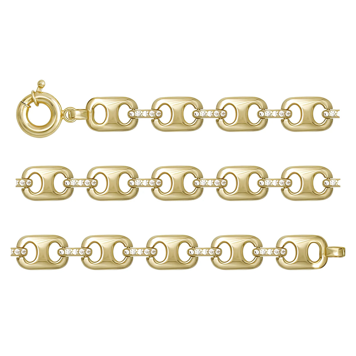 Solid gold mariner bracelet, 7.40 g — shown in three rows across the frame.