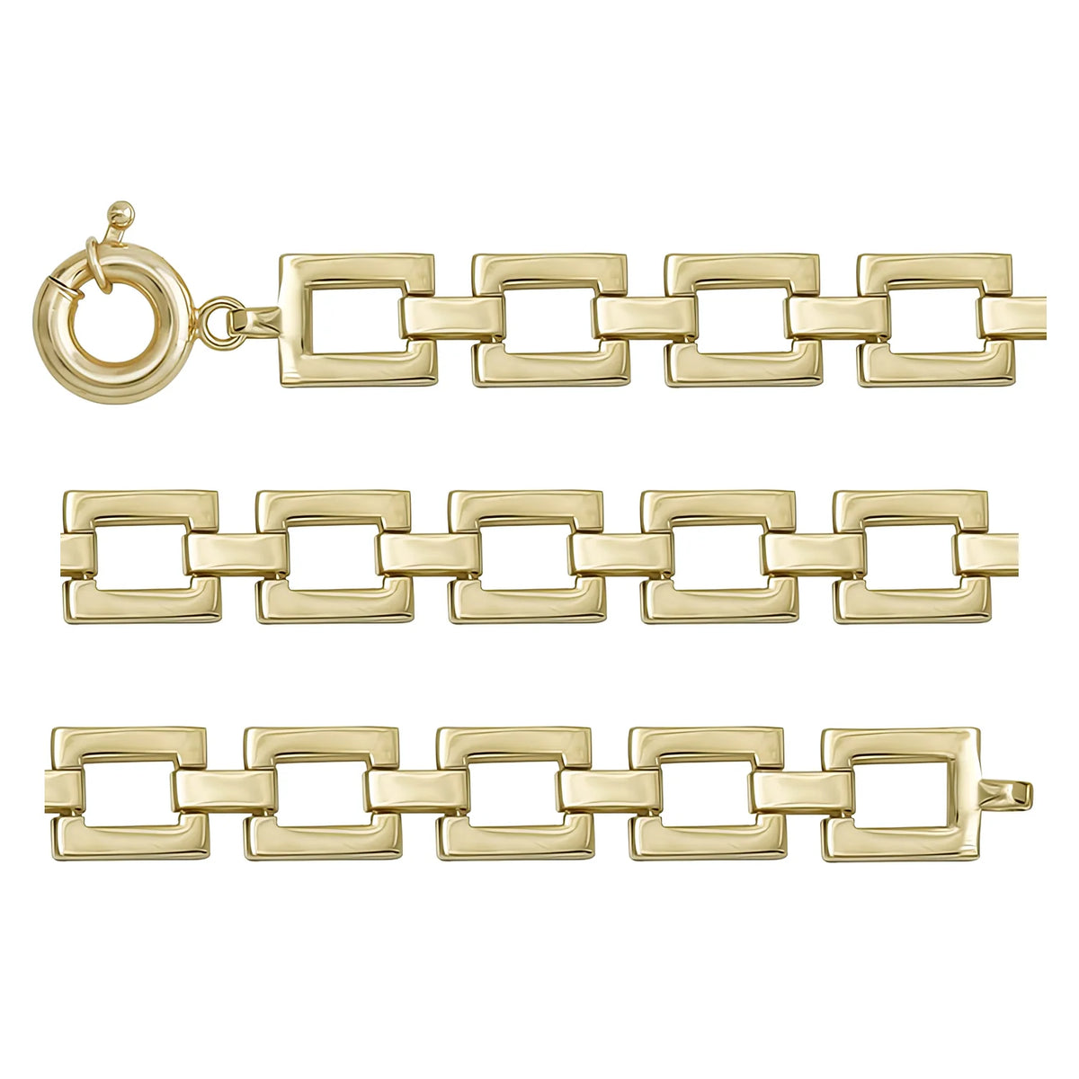 Solid gold fancy link bracelet, 11.27 g — shown in three rows across the frame.