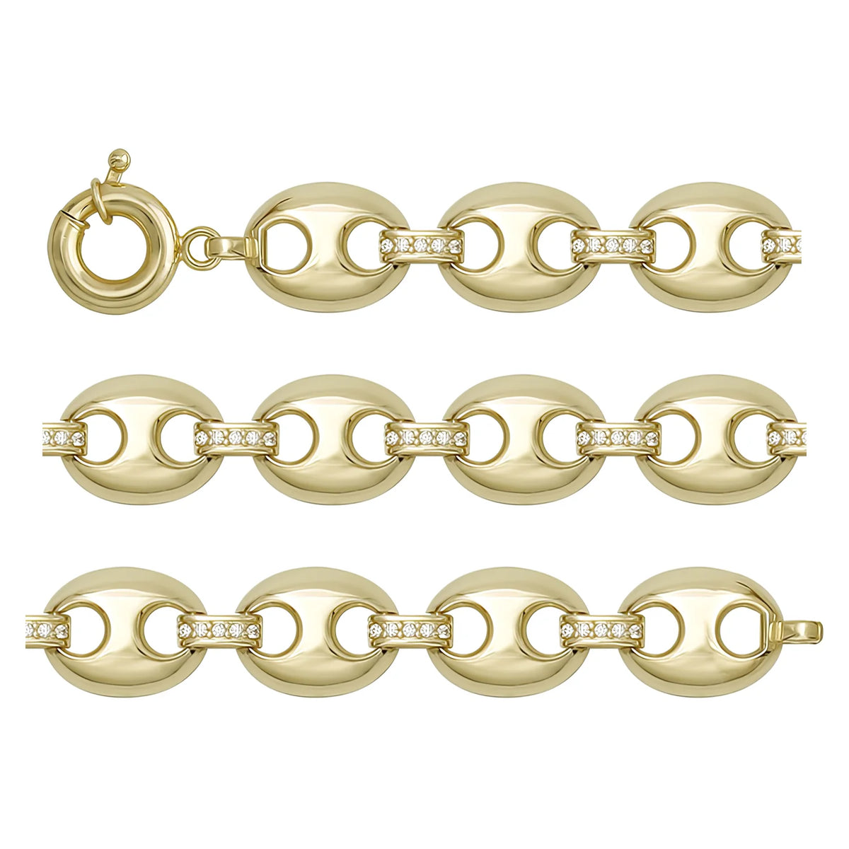 Solid gold mariner bracelet, 13.38 g — shown in three rows across the frame.