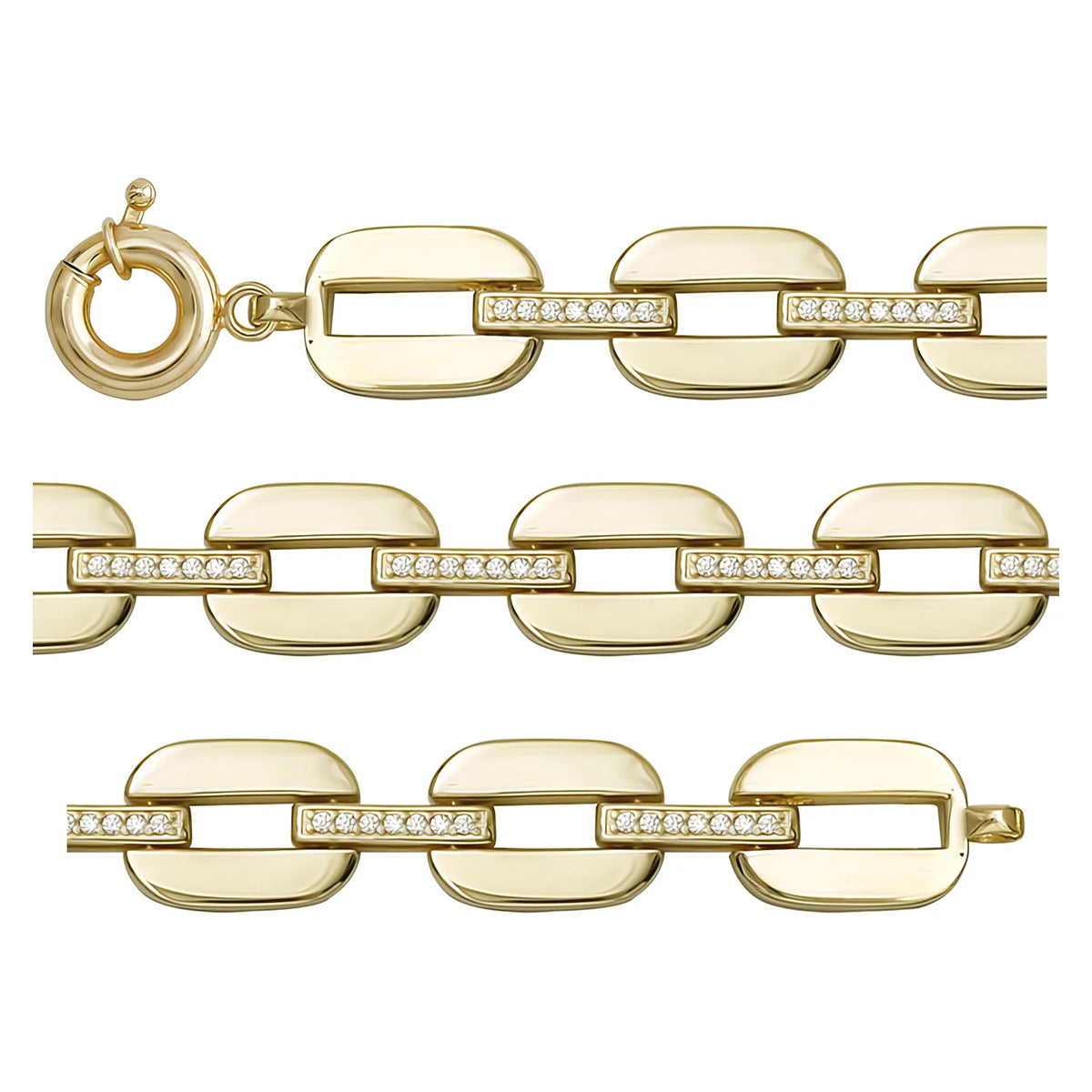 Solid gold fancy link bracelet, 14.90 g — shown in three rows across the frame.