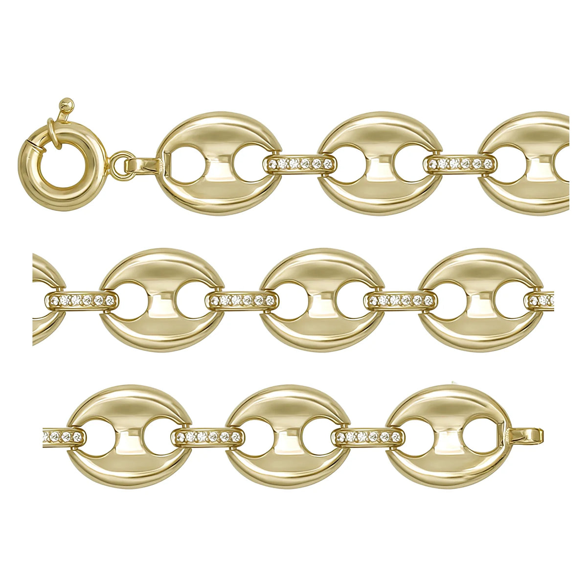 Solid gold mariner bracelet, 10.68 g — shown in three rows across the frame.