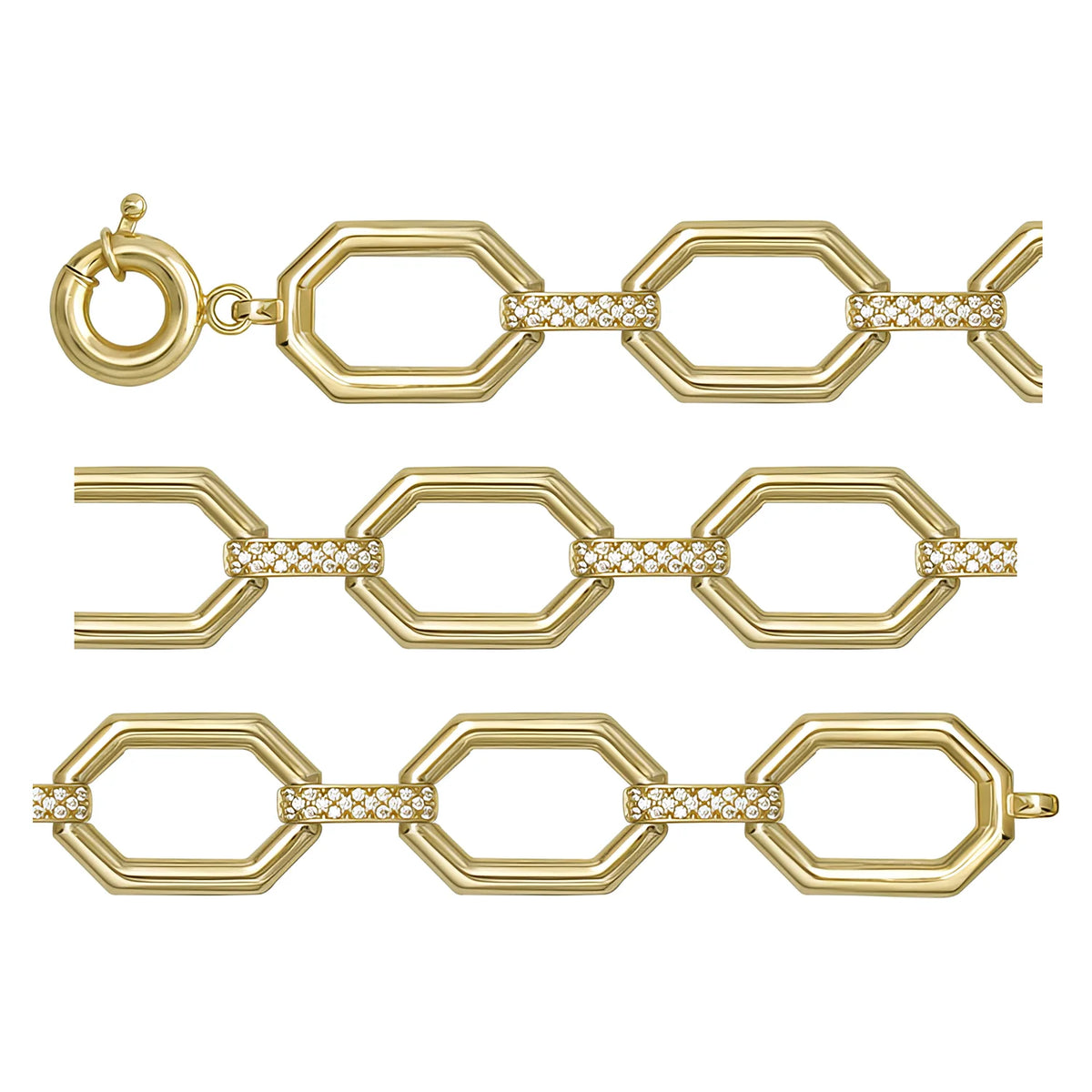 Solid gold fancy link bracelet, 12.00 g — shown in three rows across the frame.