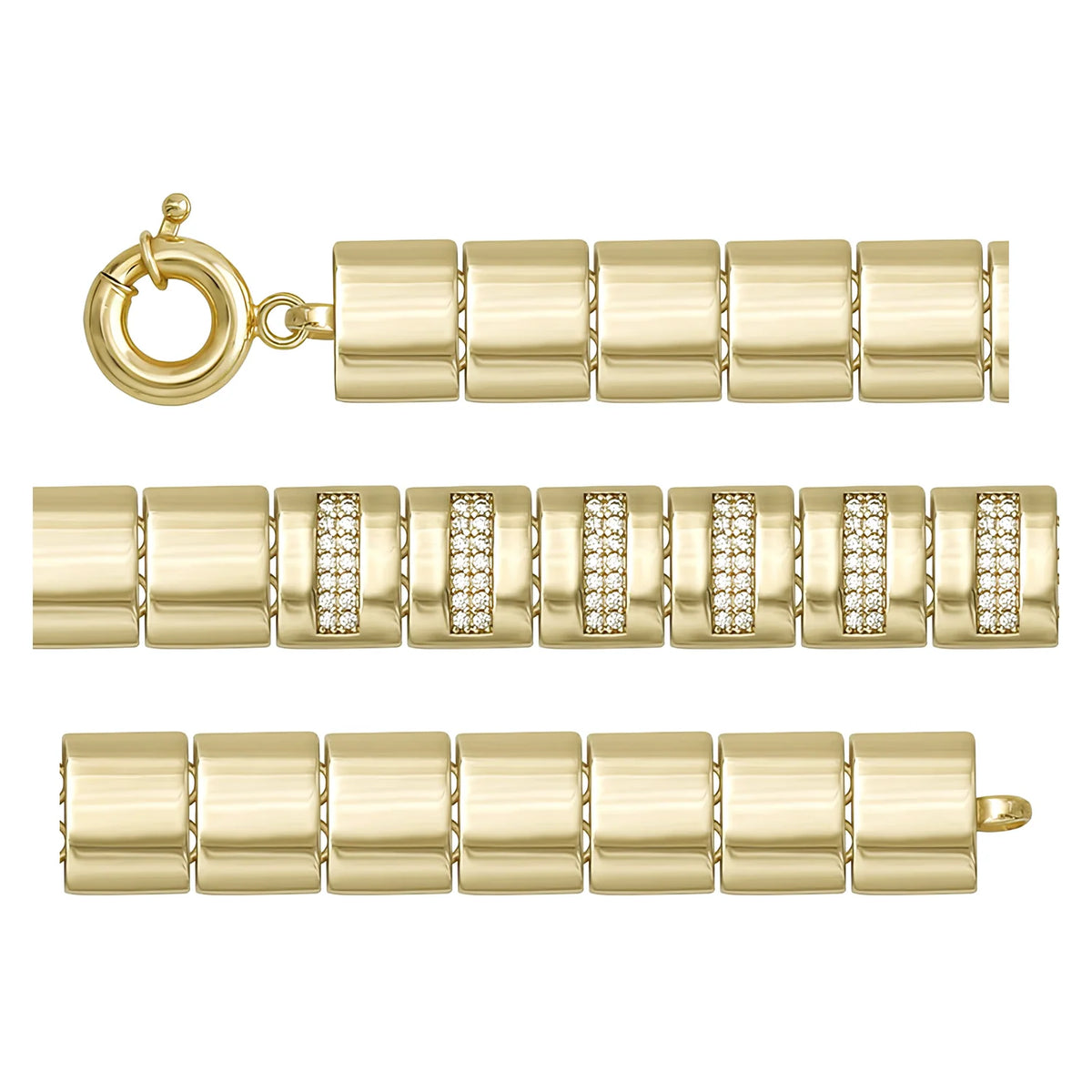 Solid gold bar link bracelet, 17.23 g — shown in three rows across the frame.