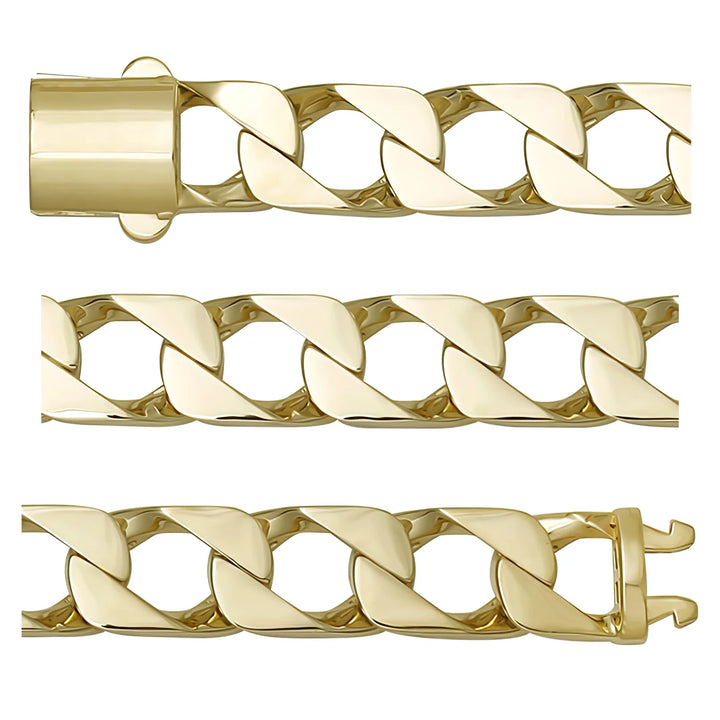 Solid gold curb bracelet, 27.85 g — shown in three rows across the frame.