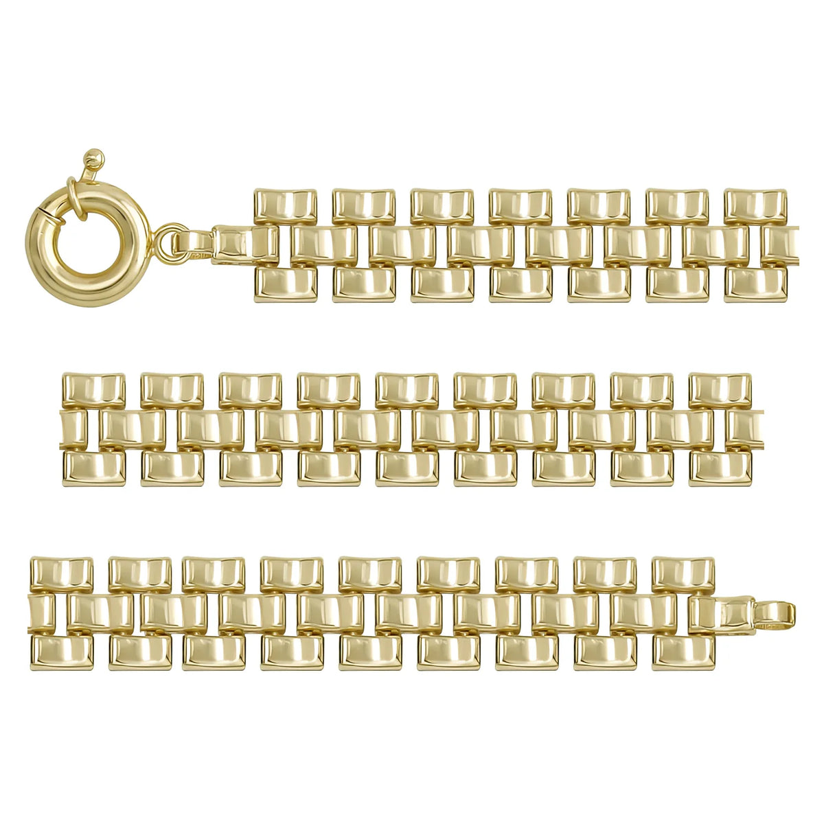 Solid gold brick link bracelet, 15.43 g — shown in three rows across the frame.