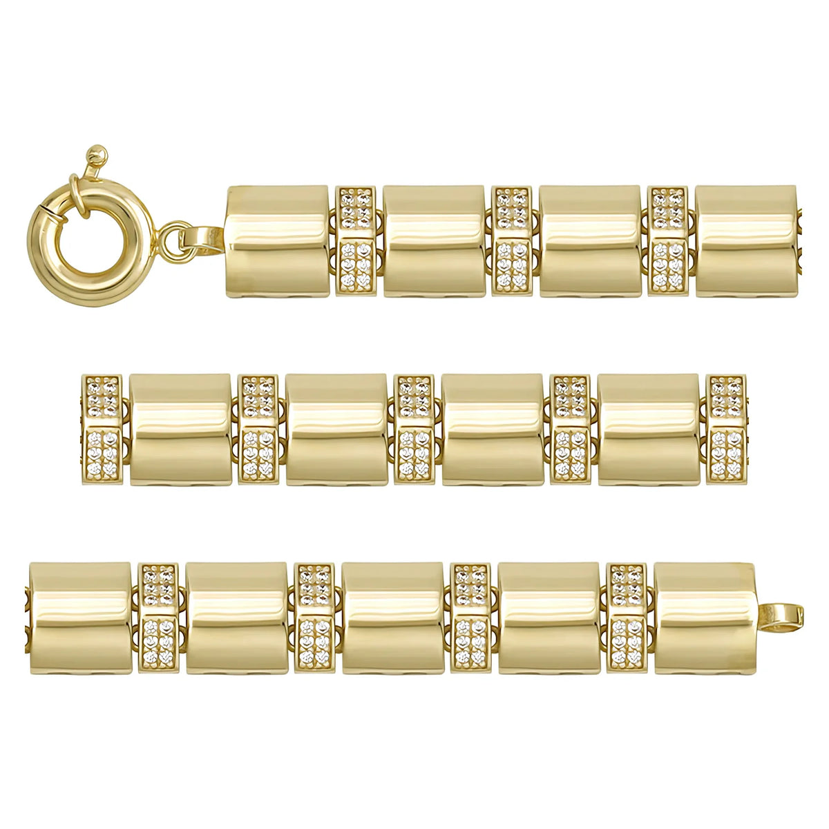Solid gold bar link bracelet, 14.76 g — shown in three rows across the frame.