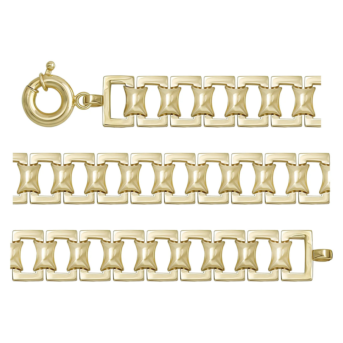 Solid gold fancy link bracelet, 13.95 g — shown in three rows across the frame.