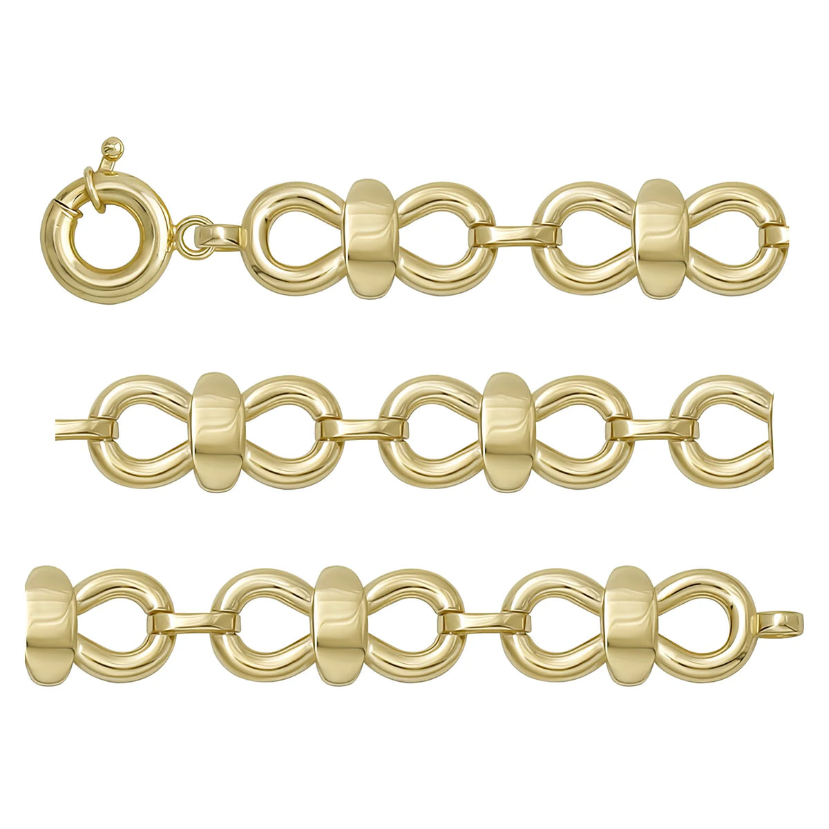 Solid gold fancy link bracelet, 9.66 g — shown in three rows across the frame.