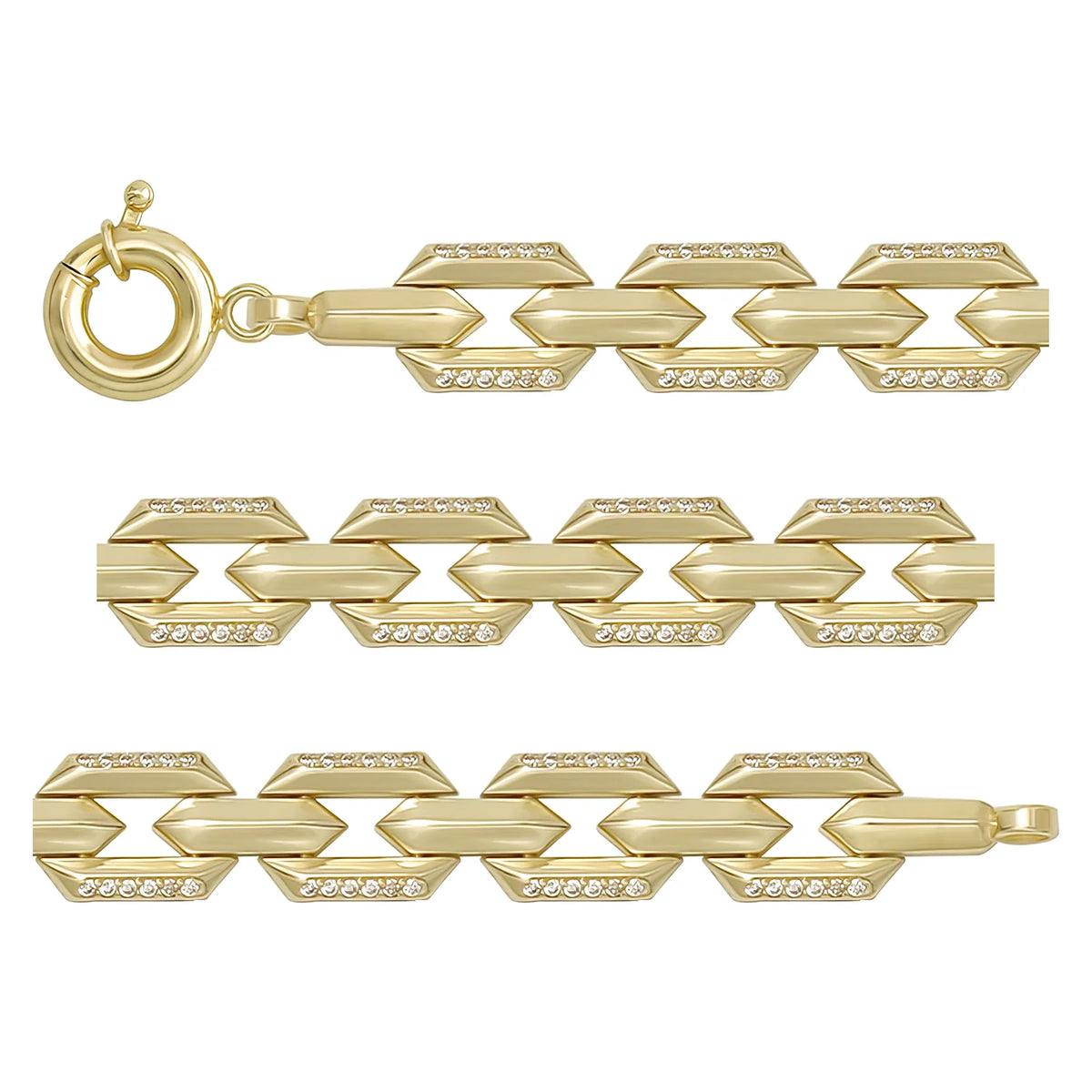 Solid gold bar link bracelet, 12.43 g — shown in three rows across the frame.
