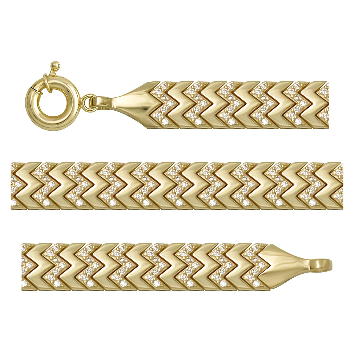 Solid gold herringbone bracelet, 12.48 g — shown in three rows across the frame.