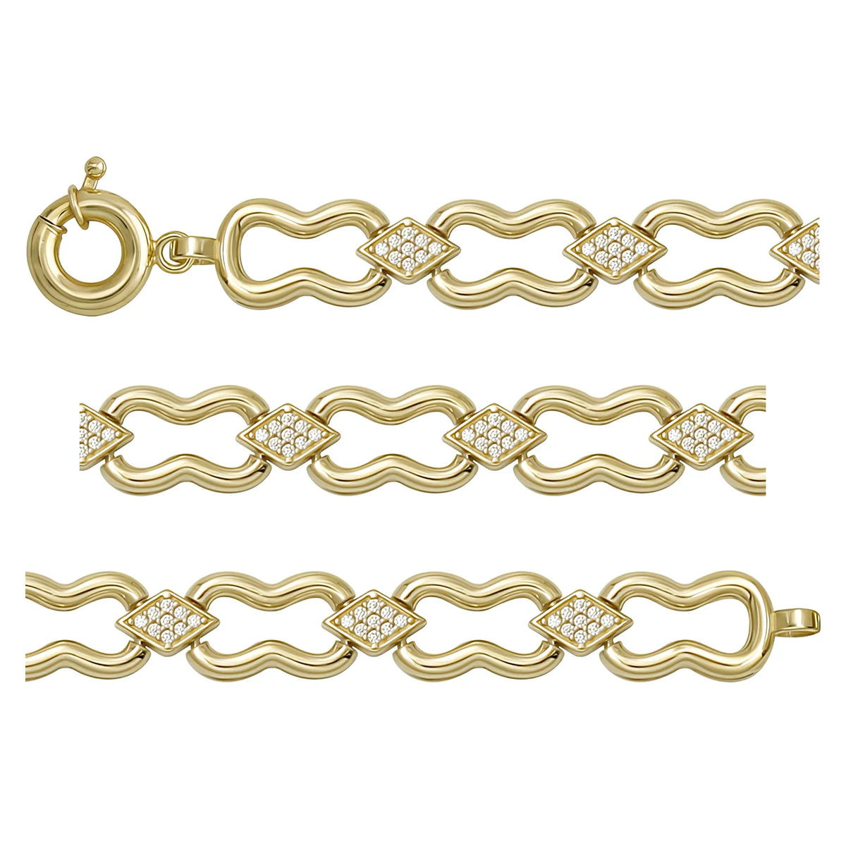 Solid gold fancy link bracelet, 10.71 g — shown in three rows across the frame.