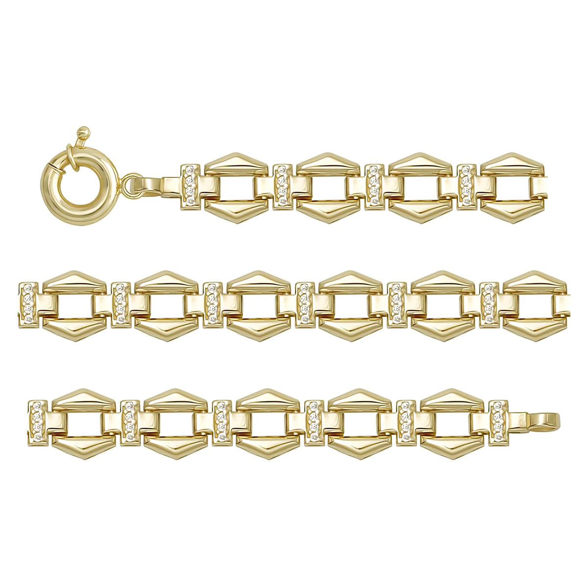 Solid gold fancy link bracelet, 10.64 g — shown in three rows across the frame.